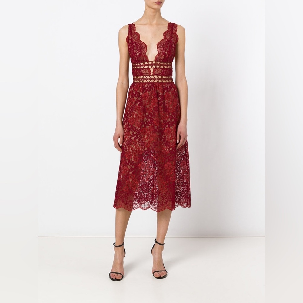 For Love and Lemons red lace Mon Cheri midi dress